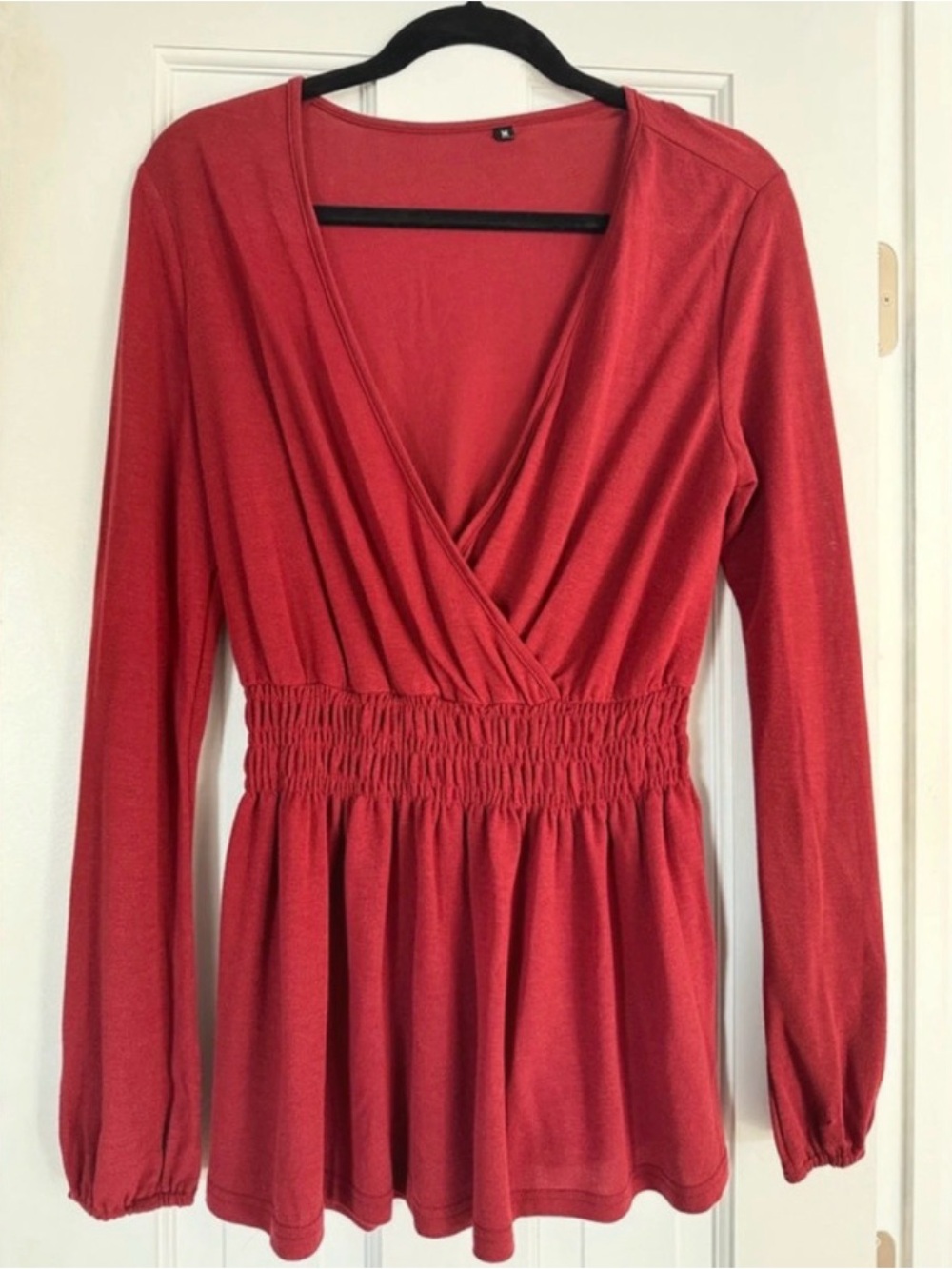 Red Faux Wrap V Neck Smocked Waist Peplum Long Sleeve Top Medium